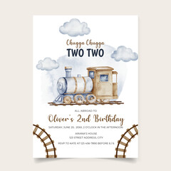 Chugga chugga two two, watercolor train second birthday invitation template, Boys Birthday Invitation