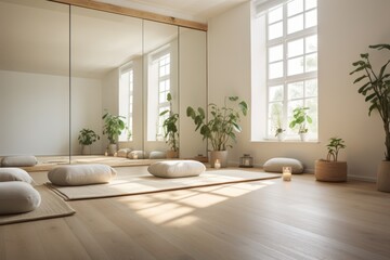 Bright minimalist interior design for relaxation and serenity in a modern yoga studio setting.