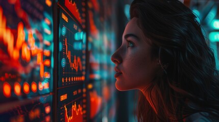 Rendering of a girl's face They stared at several digital screens displaying stock market information. - obrazy, fototapety, plakaty