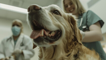  a happy labrador dog being examined at a pet hospital, in the hands and held by his owner - obrazy, fototapety, plakaty