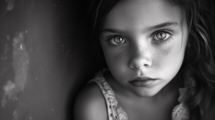 A close up of a young girl with freckles staring at the camera, AI