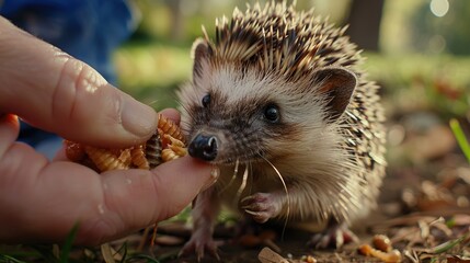 Hedgehog eating food from human hand. Close up.