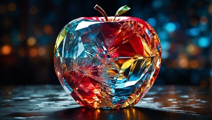 A vibrant crystal apple with facets reflecting light against dark blurred background, symbol of knowledge - obrazy, fototapety, plakaty