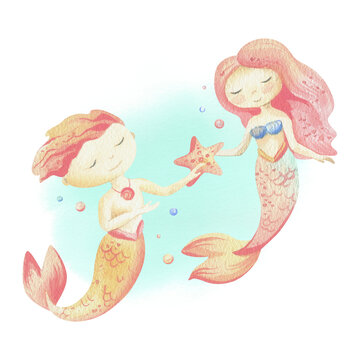 Couple of mermaids boy and girl with starfish and bubbles. Watercolor illustration hand drawn with pastel colors turquoise, blue, mint, coral, peach, pink. Composition isolated from background.