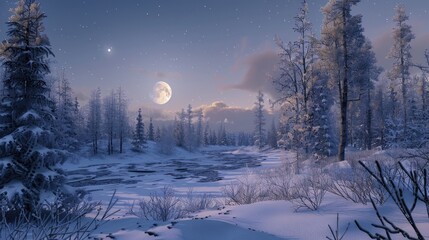 Winter landscape with frozen river and moon in the sky.