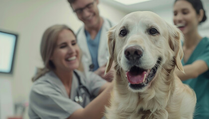  a happy labrador dog being examined at a pet hospital, in the hands and held by his owner