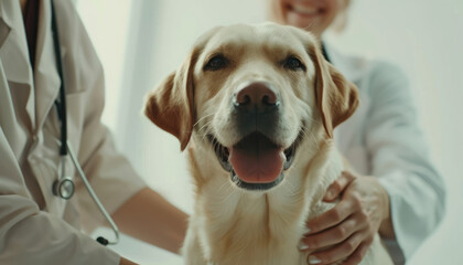  a happy labrador dog being examined at a pet hospital, in the hands and held by his owner