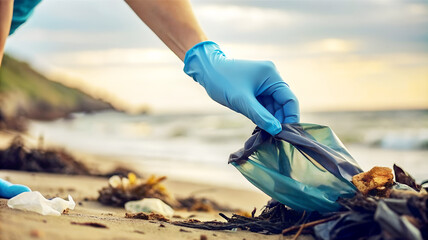 Voluntario recogiendo basura en la playa. Persona limpiando la playa de restos. Restos de basura al aire libre.  Concepto Día de la Tierra. - obrazy, fototapety, plakaty