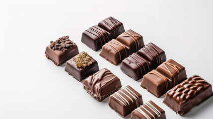 various of chocolate lined up, top view, white background, with empty copy space