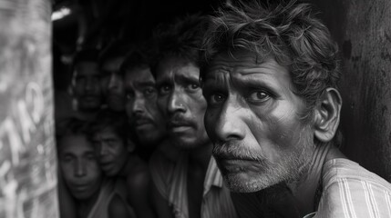A group of men are looking at the camera in a black and white photo, AI - obrazy, fototapety, plakaty