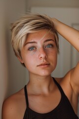 Naklejka premium phone photo of 20 year old Caucasian woman with short dirty blonde hair, blue eyes,