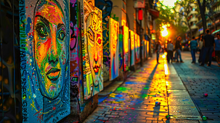 Naklejka premium Urban Street Art and Graffiti, Colorful Alleyway Exploration, City Culture and Vibe