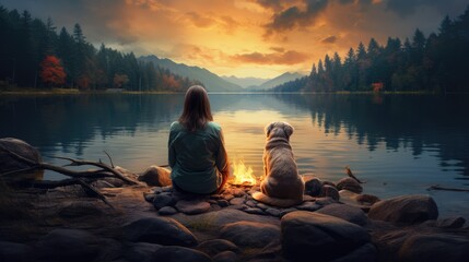 a girl with a dog friend sits near a lake near a burning fire. Mental health, rest and relaxation