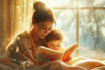 a tender moment with a mother reading to her child in a cozy, sunlit room