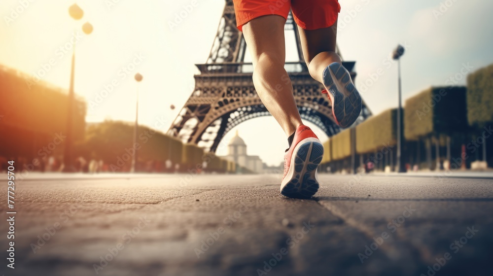 Wall mural feet in sneakers run on a blurred background of the eiffel tower. copy space. olympic games in franc