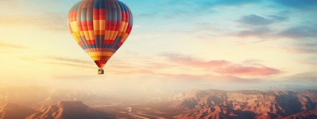 Hot air balloon over a field and a beautiful landscape with blue sky, travel and joy of life