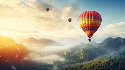 Hot air balloon over a field and a beautiful landscape with blue sky, travel and joy of life