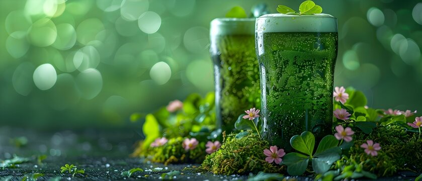 St Patrick's Day Vibes: Irish Stout Beer in Green Glasses with Moss and Clover. Concept St Patrick's Day, Irish Stout, Green Glasses, Moss, Clover