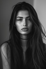portrait of a beautiful woman with a long hair, black and white