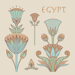 Egyptian floral colorful design element set isolated on white. Lotus flower, vector sign, symbol, logo illustration. Spirituality, occultism, chemistry, flower tattoo. - 777295989