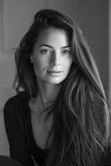 portrait of a beautiful woman with a long hair, black and white, r