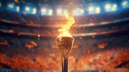 Olympic torch on a blurred background of the stadium Paris 2024, Olympics 2024