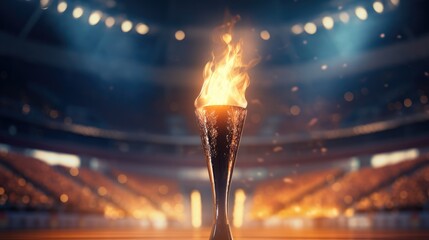 Olympic torch on a blurred background of the stadium Paris 2024, Olympics 2024