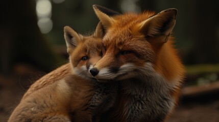 Fototapeta premium A fox and cub cuddling in the woods near a tree, AI