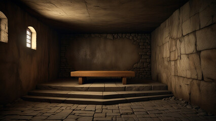 A room with empty stone podium and a wall light illuminating the space