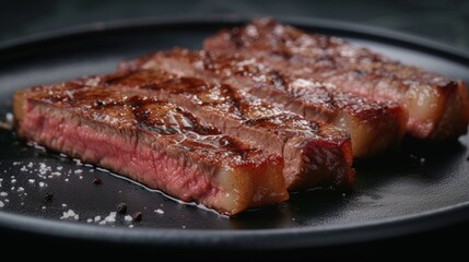 A close up of a steak on top of some salt, AI