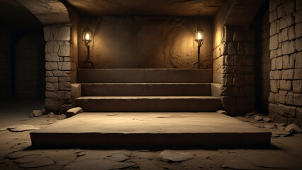 A room with empty stone podium and a wall light illuminating the space