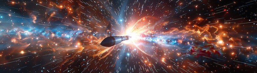 Futuristic scene of a rocket zipping through the vastness of space surrounded by a dazzling array of stars Capture the essence of acceleration and velocity in the rockets journey - obrazy, fototapety, plakaty