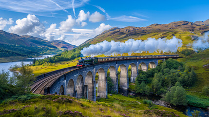 Obraz premium Viaduct in Scotlands landscape, historic railway bridge in scenic travel