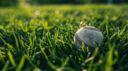 A baseball ball nestled among fresh green grass on a sunny baseball field, capturing the anticipation of a new season