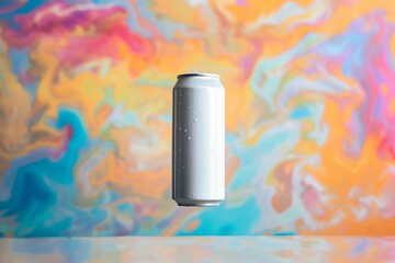 A floating white soda can against a vibrant abstract backdrop