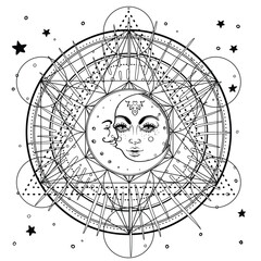 Metatron Cube. Moon pagan Wicca moon goddess symbol. Three-faced Goddess, Maiden, Mother, Crone isolated vector illustration. Tattoo, astrology, alchemy, boho and magic symbol. Coloring book. - 777297309