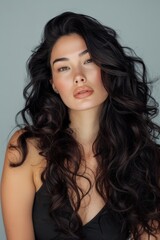 Fototapeta premium woman with long angular hair blowing out the curls, in the style of rich textures, hurufiyya, salon kei, 