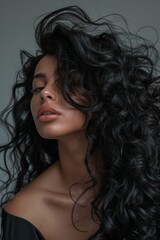 woman with long angular hair blowing out the curls, in the style of rich textures, hurufiyya, salon kei, 