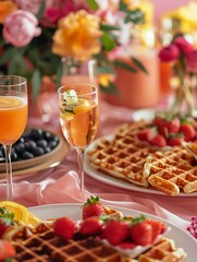 A festive scene filled with colorful mimosas, delicious brunch items, and mouthwatering waffles for a Galentine's Day celebration