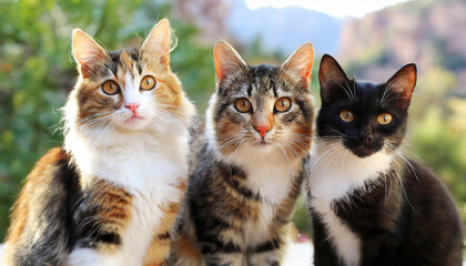 Funny many cats of various breeds and colors, looking expectantly at the camera. - obrazy, fototapety, plakaty