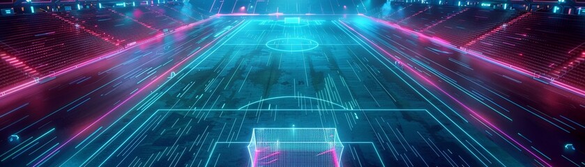 A futuristic soccer field with intricate textures and neon lighting