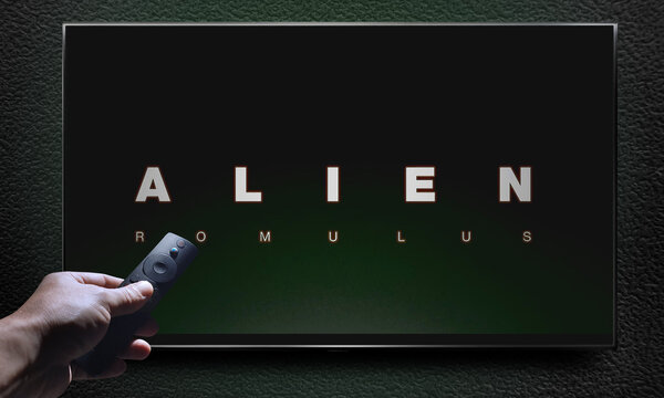 ALIEN ROMULUS movie trailer in the TV. Almaty, Kazakhstan - April 4 , 2024