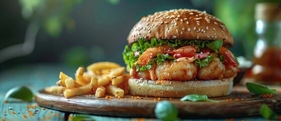Burger, fries, shrimp tempura on ceramic dish, basil garnish, matte olive setting, vivid colors, textured movement, cinematic capture