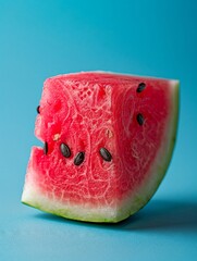 Bright watermelon cube, black seeds, summer freshness, on a sky color background