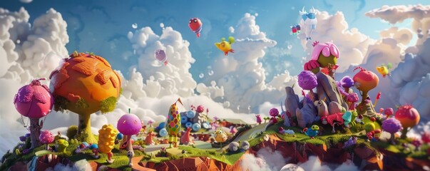 3D rendered cartoon characters exploring a digital landscape, blending virtual reality with watercolor textures
