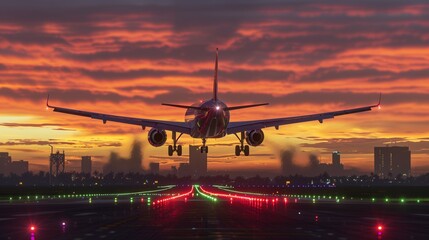 Commercial airplane landing at sunset hours in Asia, telephoto lens.