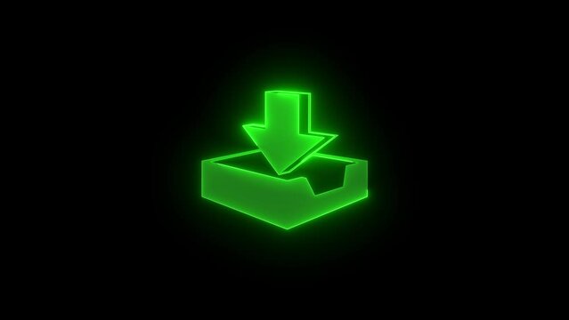 Mail download icon glowing neon green color animation on black background