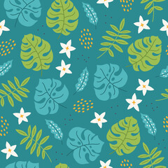 Summer seamless pattern with plumeria, monstera and palm leaves