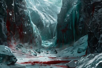 The eerie silence of Bloodfrost Glacier is shattered by the haunting screams that echo beneath the bloodstained ice - obrazy, fototapety, plakaty