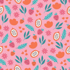 Summer seamless pattern with strawberries, flowers, leaves, dragon fruit